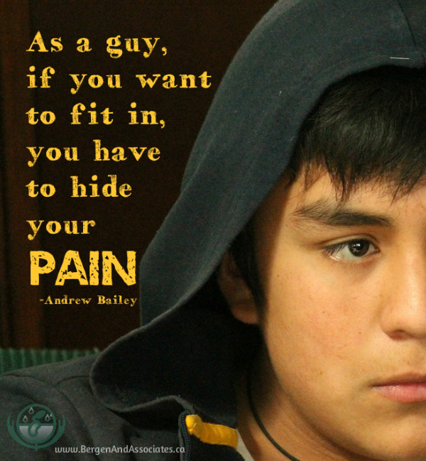 As a guy, if you want to fit in, you have to hide your pain. Quote by Andrew Bailey. Poster by Bergen and Assocaites Counselling in Winnipeg 